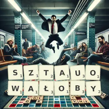 Kreatywna ilustracja do gry w Scrabble ze słowem SZTAUOWAŁOBY ułożonym z płytek na planszy.