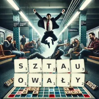 Kreatywna ilustracja do gry w Scrabble ze słowem SZTAUOWAŁY ułożonym z płytek na planszy.