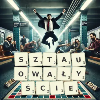 Kreatywna ilustracja do gry w Scrabble ze słowem SZTAUOWAŁYŚCIE ułożonym z płytek na planszy.