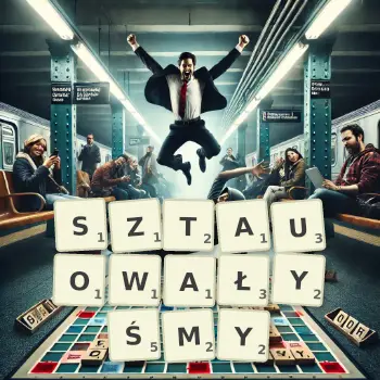 Kreatywna ilustracja do gry w Scrabble ze słowem SZTAUOWAŁYŚMY ułożonym z płytek na planszy.
