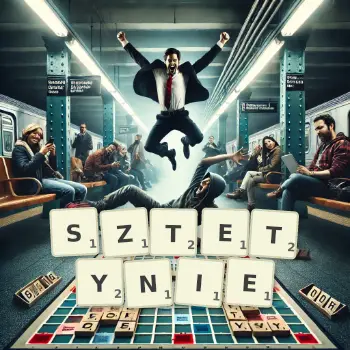 Kreatywna ilustracja do gry w Scrabble ze słowem SZTETYNIE ułożonym z płytek na planszy.