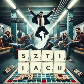 Kreatywna ilustracja do gry w Scrabble ze słowem SZTILACH ułożonym z płytek na planszy.