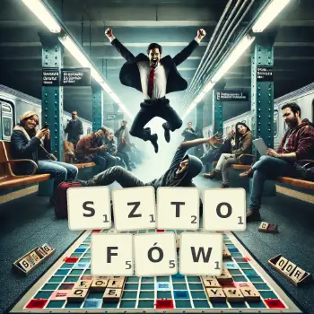Kreatywna ilustracja do gry w Scrabble ze słowem SZTOFÓW ułożonym z płytek na planszy.