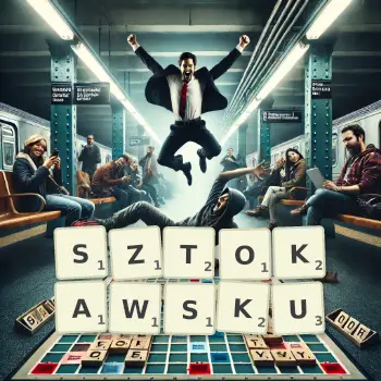 Kreatywna ilustracja do gry w Scrabble ze słowem SZTOKAWSKU ułożonym z płytek na planszy.
