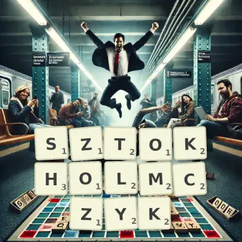 Kreatywna ilustracja do gry w Scrabble ze słowem SZTOKHOLMCZYK ułożonym z płytek na planszy.