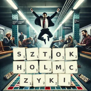 Kreatywna ilustracja do gry w Scrabble ze słowem SZTOKHOLMCZYKI ułożonym z płytek na planszy.