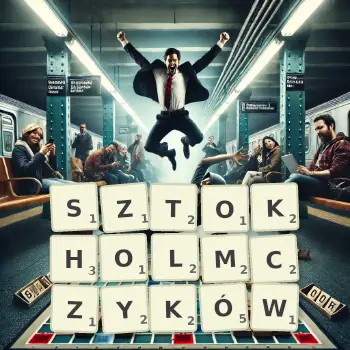 Kreatywna ilustracja do gry w Scrabble ze słowem SZTOKHOLMCZYKÓW ułożonym z płytek na planszy.