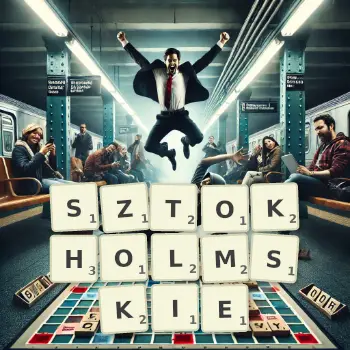 Kreatywna ilustracja do gry w Scrabble ze słowem SZTOKHOLMSKIE ułożonym z płytek na planszy.
