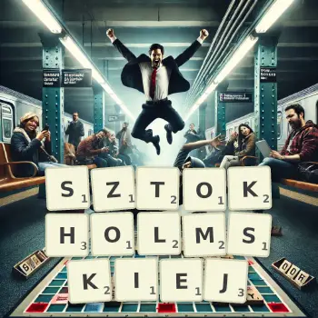 Kreatywna ilustracja do gry w Scrabble ze słowem SZTOKHOLMSKIEJ ułożonym z płytek na planszy.