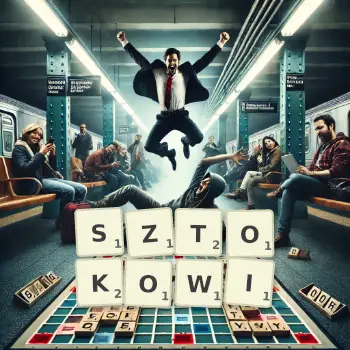 Kreatywna ilustracja do gry w Scrabble ze słowem SZTOKOWI ułożonym z płytek na planszy.
