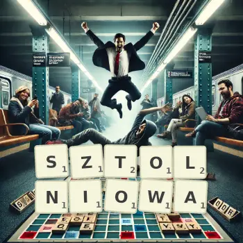 Kreatywna ilustracja do gry w Scrabble ze słowem SZTOLNIOWA ułożonym z płytek na planszy.