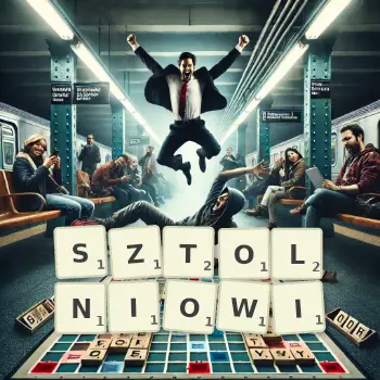 Kreatywna ilustracja do gry w Scrabble ze słowem SZTOLNIOWI ułożonym z płytek na planszy.