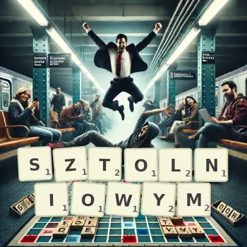 Kreatywna ilustracja do gry w Scrabble ze słowem SZTOLNIOWYM ułożonym z płytek na planszy.