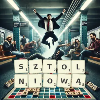 Kreatywna ilustracja do gry w Scrabble ze słowem SZTOLNIOWĄ ułożonym z płytek na planszy.