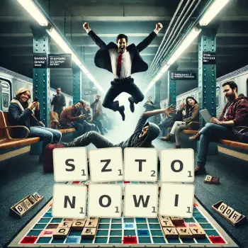 Kreatywna ilustracja do gry w Scrabble ze słowem SZTONOWI ułożonym z płytek na planszy.