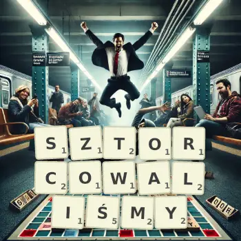 Kreatywna ilustracja do gry w Scrabble ze słowem SZTORCOWALIŚMY ułożonym z płytek na planszy.