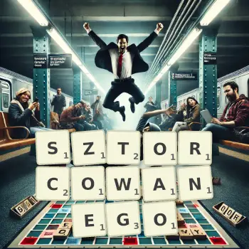 Kreatywna ilustracja do gry w Scrabble ze słowem SZTORCOWANEGO ułożonym z płytek na planszy.