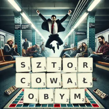 Kreatywna ilustracja do gry w Scrabble ze słowem SZTORCOWAŁOBYM ułożonym z płytek na planszy.