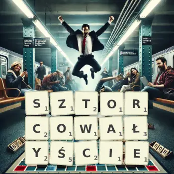 Kreatywna ilustracja do gry w Scrabble ze słowem SZTORCOWAŁYŚCIE ułożonym z płytek na planszy.