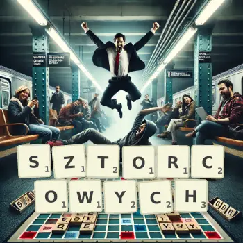 Kreatywna ilustracja do gry w Scrabble ze słowem SZTORCOWYCH ułożonym z płytek na planszy.