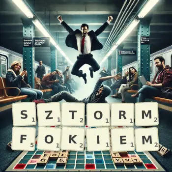 Kreatywna ilustracja do gry w Scrabble ze słowem SZTORMFOKIEM ułożonym z płytek na planszy.