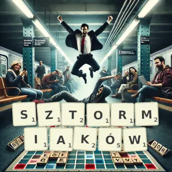 Kreatywna ilustracja do gry w Scrabble ze słowem SZTORMIAKÓW ułożonym z płytek na planszy.
