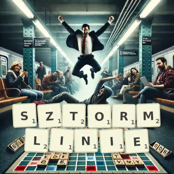 Kreatywna ilustracja do gry w Scrabble ze słowem SZTORMLINIE ułożonym z płytek na planszy.