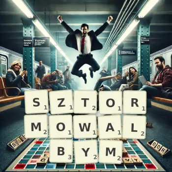 Kreatywna ilustracja do gry w Scrabble ze słowem SZTORMOWALBYM ułożonym z płytek na planszy.