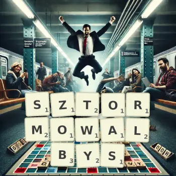 Kreatywna ilustracja do gry w Scrabble ze słowem SZTORMOWALBYS ułożonym z płytek na planszy.
