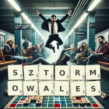 Kreatywna ilustracja do gry w Scrabble ze słowem SZTORMOWALES ułożonym z płytek na planszy.