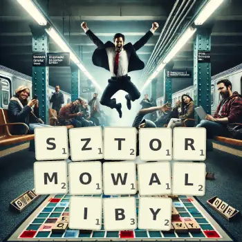 Kreatywna ilustracja do gry w Scrabble ze słowem SZTORMOWALIBY ułożonym z płytek na planszy.