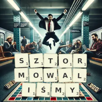 Kreatywna ilustracja do gry w Scrabble ze słowem SZTORMOWALIŚMY ułożonym z płytek na planszy.