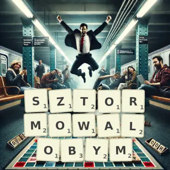 Kreatywna ilustracja do gry w Scrabble ze słowem SZTORMOWALOBYM ułożonym z płytek na planszy.