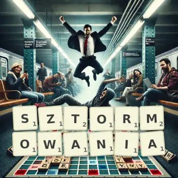 Kreatywna ilustracja do gry w Scrabble ze słowem SZTORMOWANIA ułożonym z płytek na planszy.