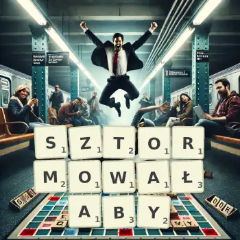 Kreatywna ilustracja do gry w Scrabble ze słowem SZTORMOWAŁABY ułożonym z płytek na planszy.