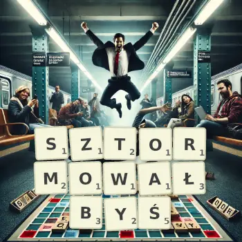 Kreatywna ilustracja do gry w Scrabble ze słowem SZTORMOWAŁBYŚ ułożonym z płytek na planszy.