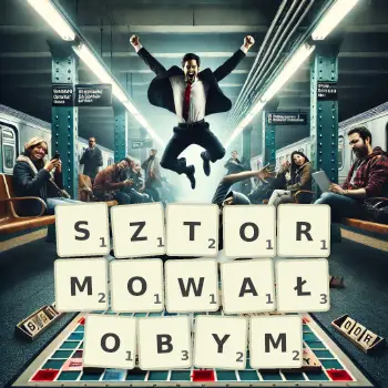 Kreatywna ilustracja do gry w Scrabble ze słowem SZTORMOWAŁOBYM ułożonym z płytek na planszy.