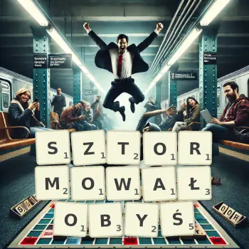 Kreatywna ilustracja do gry w Scrabble ze słowem SZTORMOWAŁOBYŚ ułożonym z płytek na planszy.