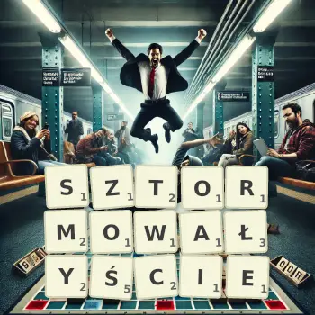 Kreatywna ilustracja do gry w Scrabble ze słowem SZTORMOWAŁYŚCIE ułożonym z płytek na planszy.