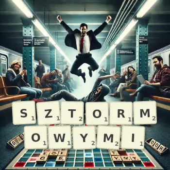 Kreatywna ilustracja do gry w Scrabble ze słowem SZTORMOWYMI ułożonym z płytek na planszy.