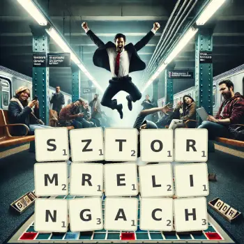 Kreatywna ilustracja do gry w Scrabble ze słowem SZTORMRELINGACH ułożonym z płytek na planszy.