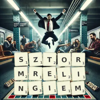 Kreatywna ilustracja do gry w Scrabble ze słowem SZTORMRELINGIEM ułożonym z płytek na planszy.