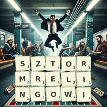 Kreatywna ilustracja do gry w Scrabble ze słowem SZTORMRELINGOWI ułożonym z płytek na planszy.