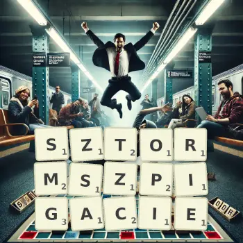 Kreatywna ilustracja do gry w Scrabble ze słowem SZTORMSZPIGACIE ułożonym z płytek na planszy.