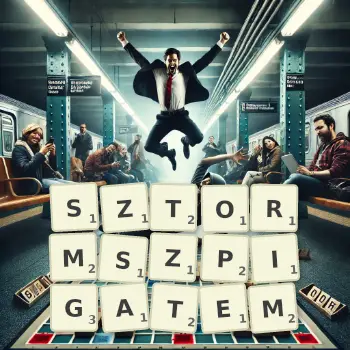 Kreatywna ilustracja do gry w Scrabble ze słowem SZTORMSZPIGATEM ułożonym z płytek na planszy.