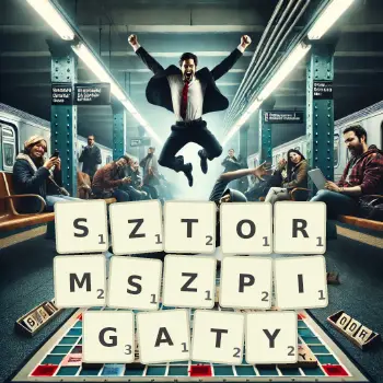 Kreatywna ilustracja do gry w Scrabble ze słowem SZTORMSZPIGATY ułożonym z płytek na planszy.