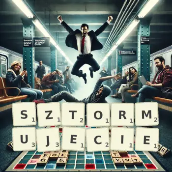 Kreatywna ilustracja do gry w Scrabble ze słowem SZTORMUJECIE ułożonym z płytek na planszy.