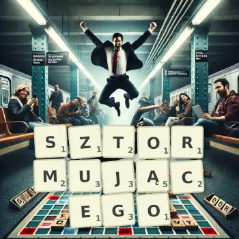 Kreatywna ilustracja do gry w Scrabble ze słowem SZTORMUJĄCEGO ułożonym z płytek na planszy.