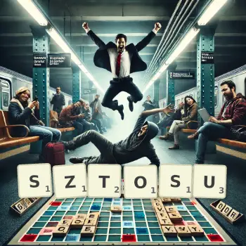 Kreatywna ilustracja do gry w Scrabble ze słowem SZTOSU ułożonym z płytek na planszy.