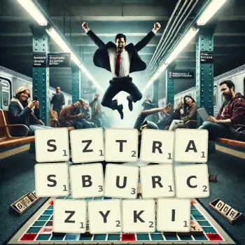 Kreatywna ilustracja do gry w Scrabble ze słowem SZTRASBURCZYKI ułożonym z płytek na planszy.